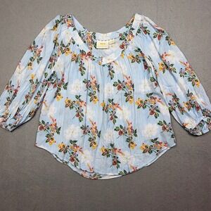 Maeve Anthropologie Floral Striped V-Neck Blouse Blue White 12P Petite Viscose